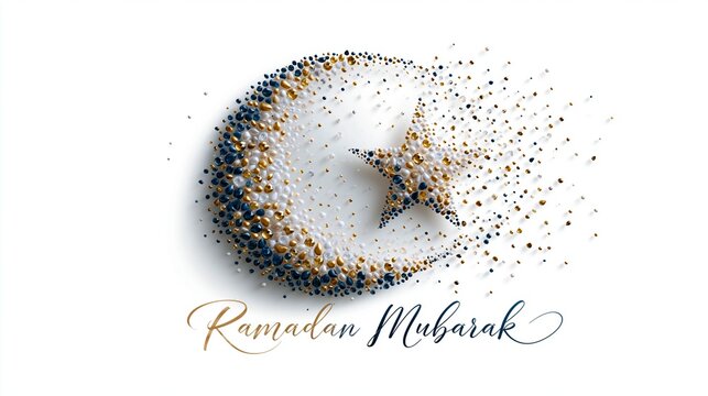 Halbmond und Stern aus goldenen Glitzerpartikeln auf wei&szlig;em Hintergrund mit dem Schriftzug &bdquo;Ramadan Mubarak".