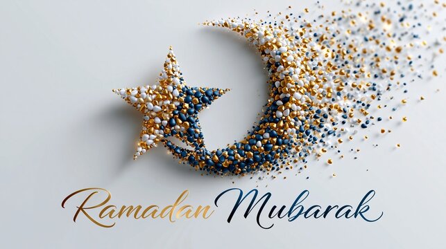 Halbmond und Stern aus goldenen Glitzerpartikeln auf wei&szlig;em Hintergrund mit dem Schriftzug &bdquo;Ramadan Mubarak".
