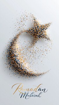 Halbmond und Stern aus goldenen Glitzerpartikeln auf wei&szlig;em Hintergrund mit dem Schriftzug &bdquo;Ramadan Mubarak".