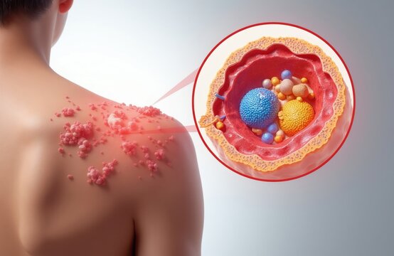 Microscopic view of skin allergy reaction. Mast cells release histamine causing inflammation and red bumps on human shoulder. Detailed cellular process of urticaria visualized.