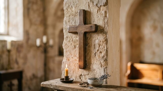 A wooden cross hanging on a stone wall in a rustic church setting.