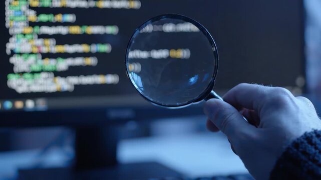 Software developer hand holding magnifying glass to inspect lines of programming code on a monitor, concept for software debugging, cybersecurity inspection and computer programming research