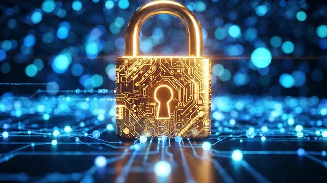 Glowing gold circuit board padlock standing on digital background with blue bokeh lights and network connections, concept for cybersecurity awareness, data protection and digital network safety