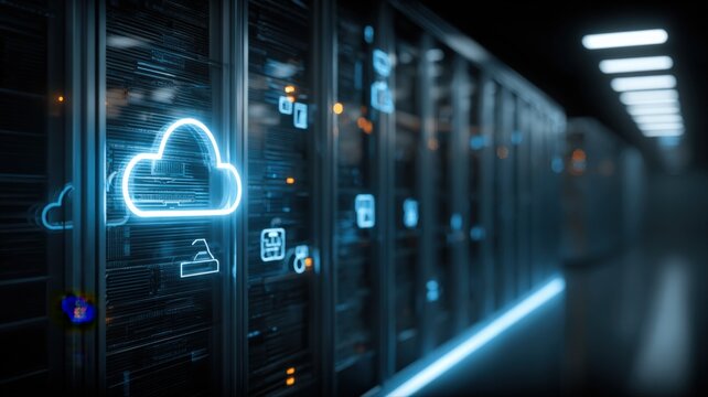 Futuristic glowing cloud icon superimposed on a modern server room data center with blue digital lights