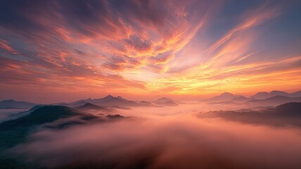 Fototapeta premium Breathtaking Sunrise Over Misty Mountains Landscape with Vibrant Fiery Clouds