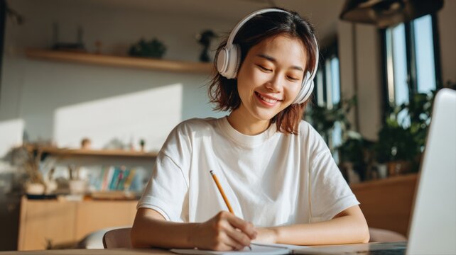 Young Asian woman wearing headphones studies and takes notes at home with a laptop, smiling while learning online