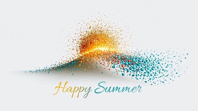 Abstrakte Welle aus orangefarbenen und t&uuml;rkisfarbenen Glitzerpartikeln auf hellem Hintergrund mit dem Schriftzug &bdquo;Happy Summer".