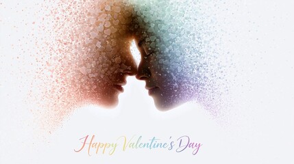 Fototapeta premium Zwei Profilsilhouetten eines Paares, die sich gegenüberstehen, mit bunten Punkten und Haaren aus Glitzerpartikeln, und dem Schriftzug „Happy Valentine's Day