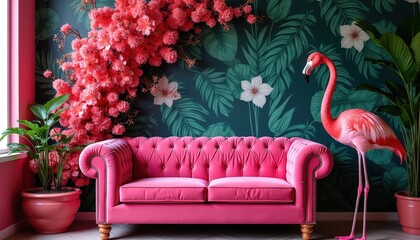 Fototapeta premium Bright pink sofa, flamingo statue sit before tropical leaf wallpaper. Coral flowers cascade down wall. Interior design concept with plush velvet furniture, exotic plant decor. Vibrant room setting.