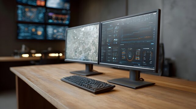 Dual monitors displaying sophisticated data dashboards and global map visualizations on a wooden workstation desk
