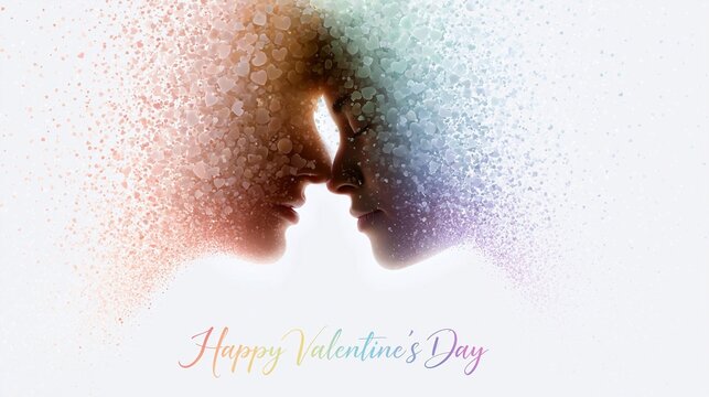 Zwei Profilsilhouetten eines Paares, die sich gegen&uuml;berstehen, mit bunten Punkten und Haaren aus Glitzerpartikeln, und dem Schriftzug &bdquo;Happy Valentine's Day".