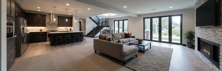 Obraz premium Modern living area with open plan kitchen, island bar, grey sectional sofa, and fireplace. Stairs lead upstairs, French doors open to backyard. Neutral color palette.