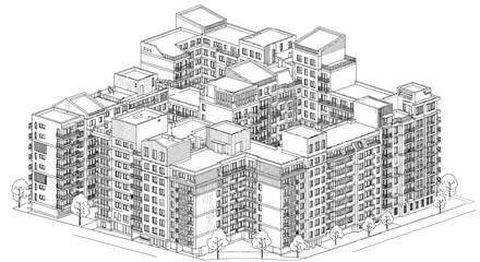Fototapeta premium Isometric architectural line drawing of modern residential building complex