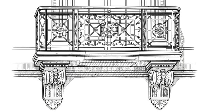 Hand drawn decorative vintage balcony illustration with ornate ironwork