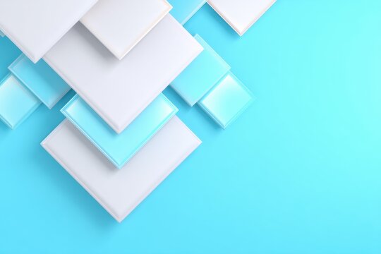 Abstract Geometric Elegance: An abstract composition of white and blue square tiles artfully arranged against a complementary light blue background.