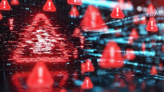 Glowing red alert triangle with padlock icon on digital blue data code background, concept for cybersecurity alert, digital data protection and cyber threat prevention
