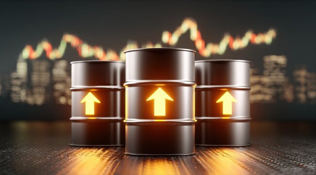Three oil barrels with rising arrow symbols indicating escalating energy prices and market growth against a blurred financial chart background