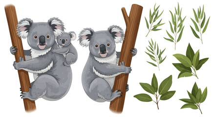 Vector koala family, eucalyptus leaves, Australian wildlife, cute illustration, grey animals © Shawn