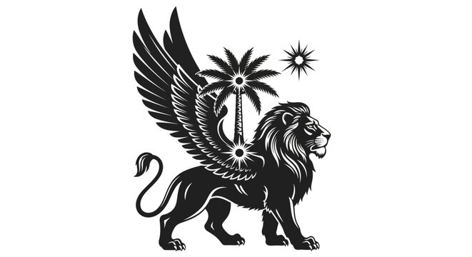 Mythical winged lion, fantasy creature, black and white vector, illustration, mythological animal, palm tree