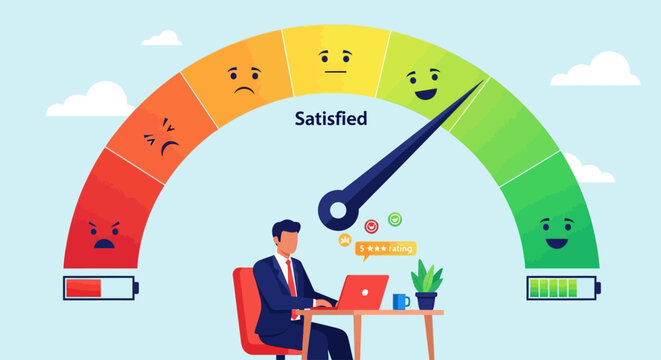 Customer Satisfaction Meter, Gauge with Emotions, Businessman at Laptop, Feedback Scale Vector