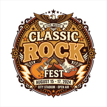 Classic rock fest emblem with guitars eagle lightning bolts date rock music electric guitar and roll festival lightning performance entertainment illustration open air celebration