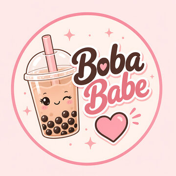 Boba Babe cute cartoon bubble tea logo design