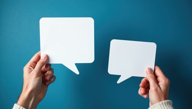 Two hands hold blank white speech bubbles against a blue backdrop. These empty shapes invite messages or conversation points. Use for questions feedback ideas or communication graphics.