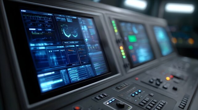 A futuristic control panel featuring multiple monitors with glowing blue data readouts and complex system interfaces