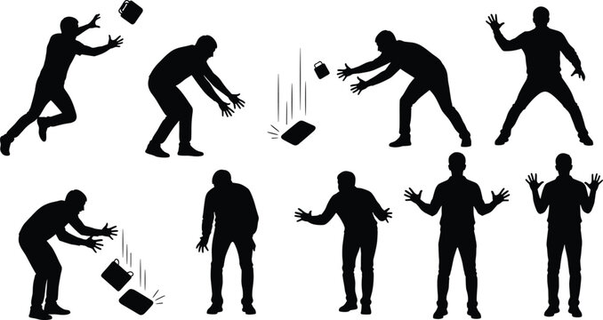 Vector set of black male silhouettes dropping objects catching items and reacting in shock or surprise