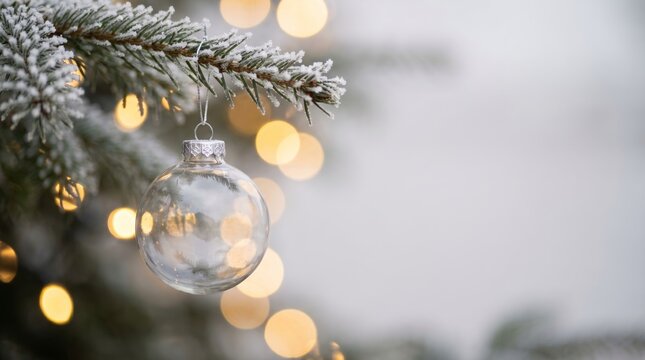 Clear glass Christmas ornament hanging from a snow-covered pine branch with blurred golden lights in the background creating a festive atmosphere
