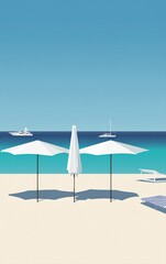 Fototapeta premium Minimalist beach scene with white umbrellas, lounge chairs, yachts, and clear turquoise ocean under a bright blue sky