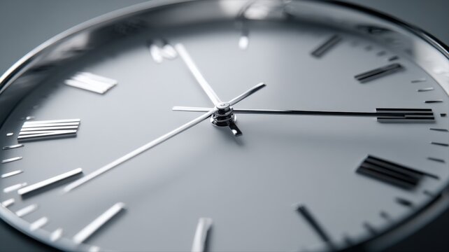 Close up macro shot of a classic analog clock face with Roman numerals and silver hands