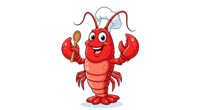 Cartoon lobster chef holding wooden spoon and smiling on white background