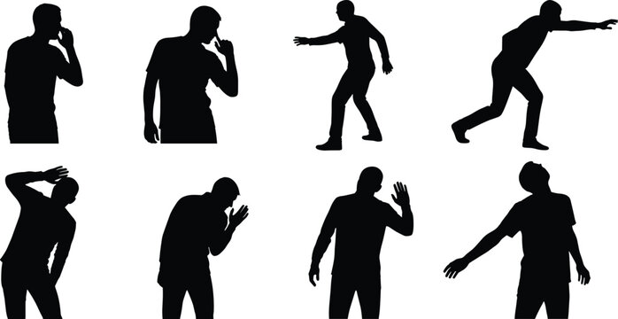 Set of black silhouettes showing a man in various expressive movement poses including reaching whispering and listening isolated on white background