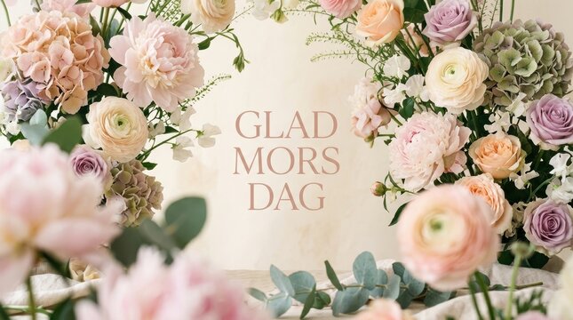 A soft editorial pastel scene with oversized flowers partially framing &ldquo;Glad Mors Dag&rdquo;, blurred foreground elements for depth