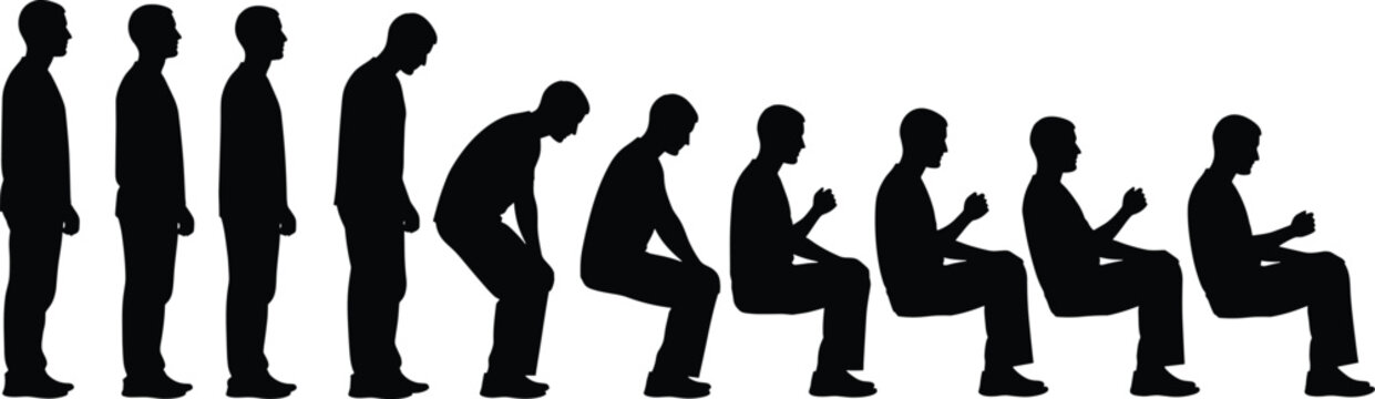 Black silhouette sequence showing a man transition from a standing position to a sitting posture isolated on white background