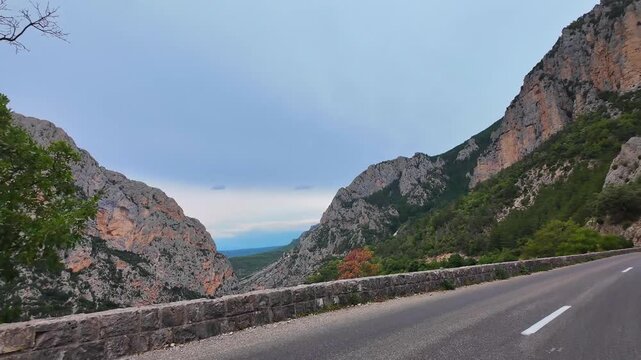 Panoramic road through the largest canyon in Europe, Gorges du Verdon in Provence, France. Landscape of the Gorges Du Verdon in south-eastern France. Provence-Alpes-Cote d'Azur.