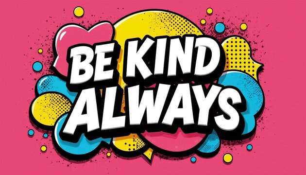 Bright pop art graphic design with bold white text message BE KIND ALWAYS. Colorful comic style speech bubbles and shapes on pink background. Uplifting quote illustration.