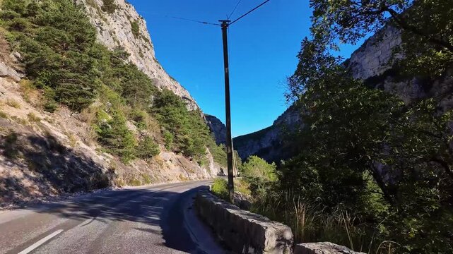 Panoramic road through the largest canyon in Europe, Gorges du Verdon in Provence, France. Landscape of the Gorges Du Verdon in south-eastern France. Provence-Alpes-Cote d'Azur.