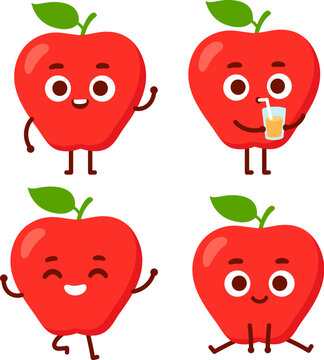 Cute cartoon apple character set. Funny apple juice mascot drawing with different poses and faces. Isolated vector illustration.