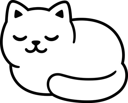 Cute cartoon sleeping cat. Simple black and white line drawing, isolated vector clip art illustration.