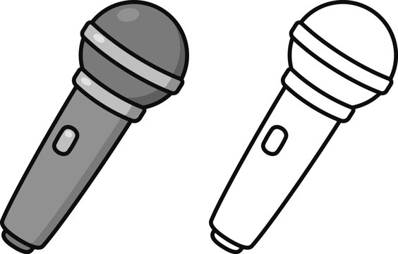 Simple cartoon microphone icon. Color drawing and black and white line art. Vector illustration.