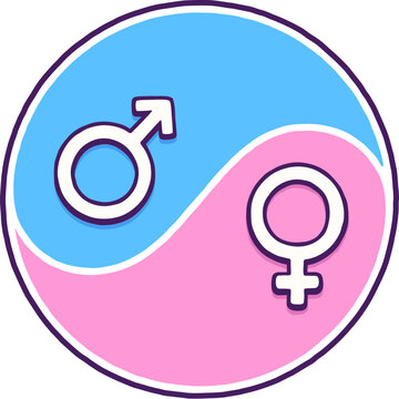 Yin yang symbol with male and female gender icons. Bright pink and blue circle, cute comic style drawing. Vector clipart illustration.