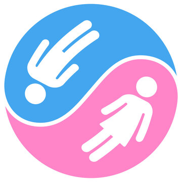 Yin yang symbol with male and female gender icons. Bright pink and blue circle with man and woman silhouette. Vector clipart illustration.