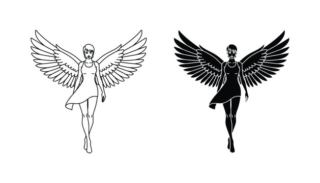 Graceful female angel standing with majestic widespread wings heavenly spiritual figure vector illustration