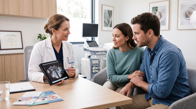 Female fertility doctor consulting couple and explaining IVF treatment with ultrasound scan in modern medical clinic