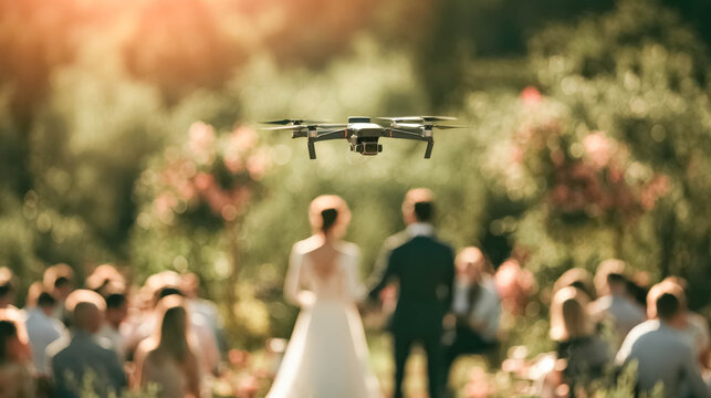Drone flying above outdoor wedding ceremony capturing bride and groom in romantic garden setting with guests