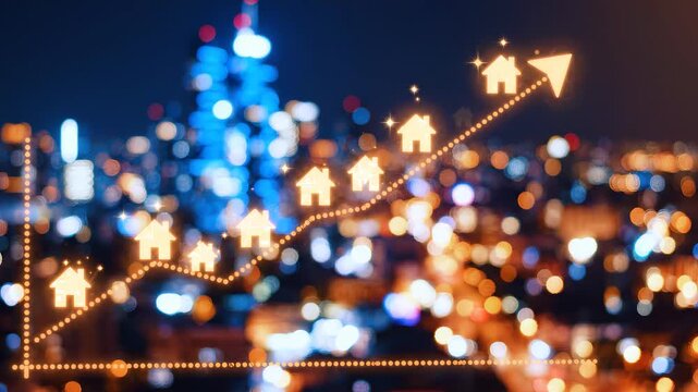 Abstract out of focus bokeh lights of urban city skyline at night with small residential icon on the side, concept for real estate background, smart city development and urban lifestyle marketing