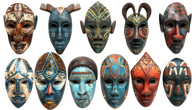 Large collection of intricate and colorful african tribal masks with isolated on transparent background