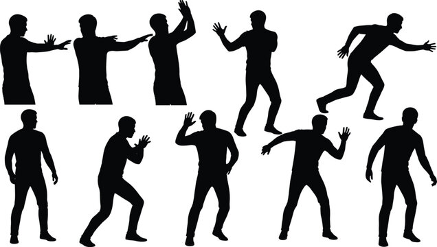 Collection of black silhouettes showing a man in various defensive and fearful poses isolated on white background for security concepts